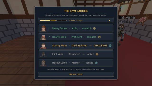 The gym ladder board open at the Cradle Gym: five rungs from Mossy Senna to Hollow Sable, two beaten and ticked, the third live to challenge