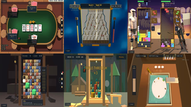 Several mini-games at once: the poker table, the Coin Drop pegboard, a Skirmish duel, the mining grid, the lumber frame and a plate in the sink