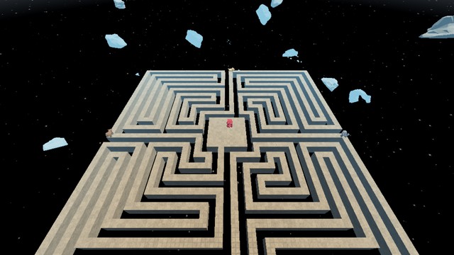 The Labyrinth seen whole from above, floating in the sky with drift rocks around it and its five beast gates set through the maze