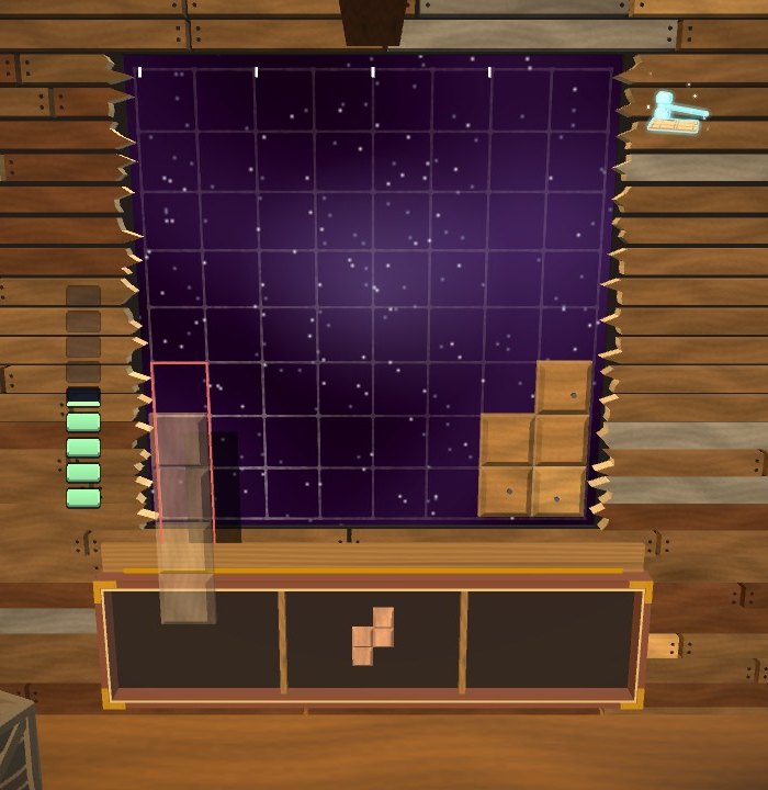 A hole in the ship's hull open to the stars, a three-plank piece dragged up out of the tray below and outlined red where it hangs off the hull