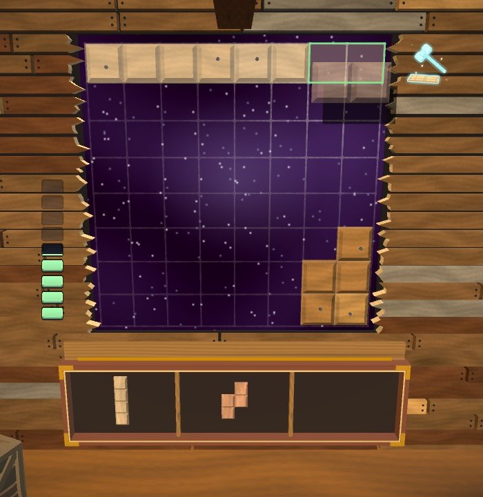 A square piece held at the end of a row of planks, outlined green, the row it would finish lit up