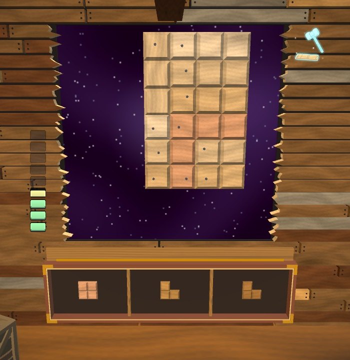 A fresh set of three pieces in the tray, the hull's patched planks in the middle