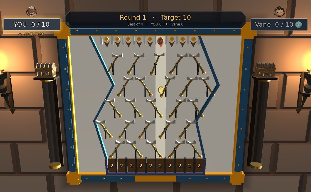 The Coin Drop board: a row of entry slots along the top, one chute lit, your gold coin falling through the pads