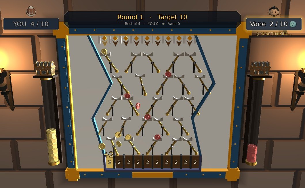 Gold and red coins resting in the pads on the levers, and one of your coins landing in a berth at the foot for +2