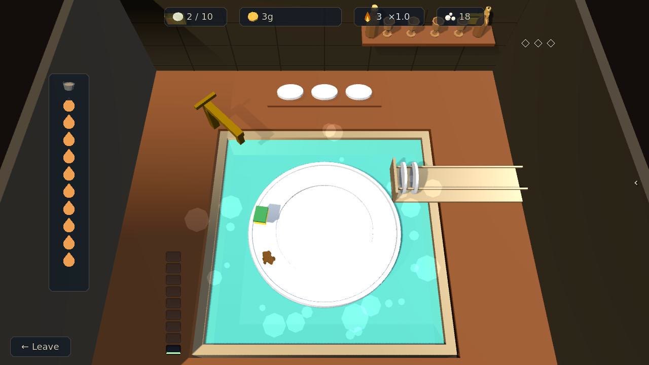 A plate in the sink seen from above, the green sponge on its rim coming round toward a brown spot of caked-on muck