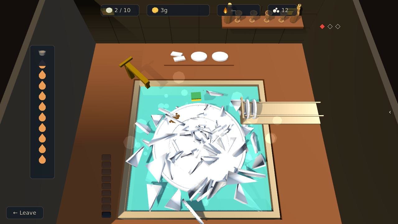 The plate shattered into shards across the sink, one of the three plates on the shelf above broken and the first strike mark at the top right turned red