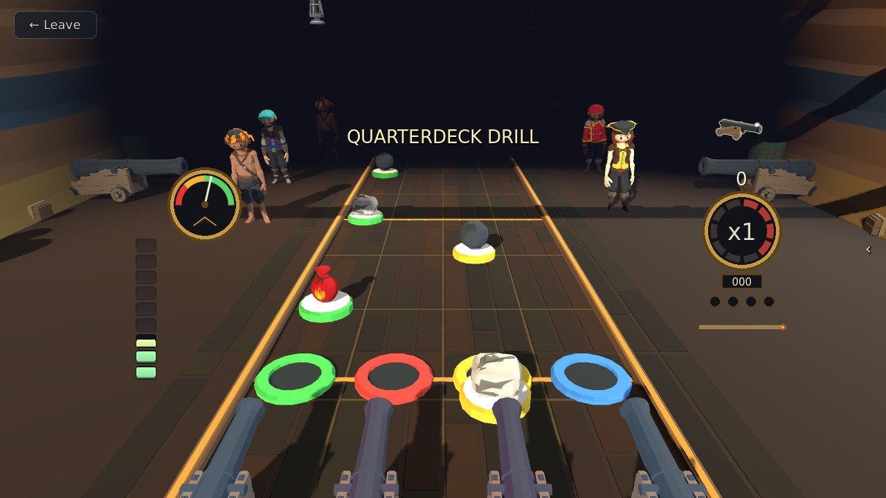 A red powder bag coming down the green lane, a wad of cloth landing on the yellow ring and a cannonball behind it