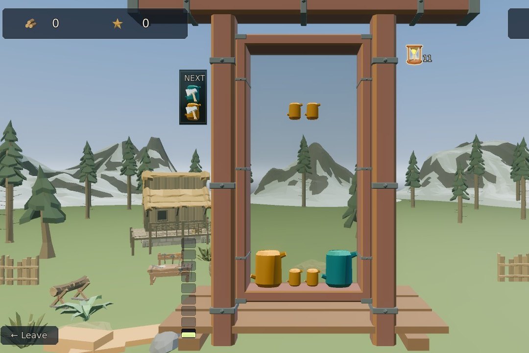 The lumber bin: a flat pair of oak logs falling down the chute, the next pair waiting in the box beside it, an oak slab and logs on the floor