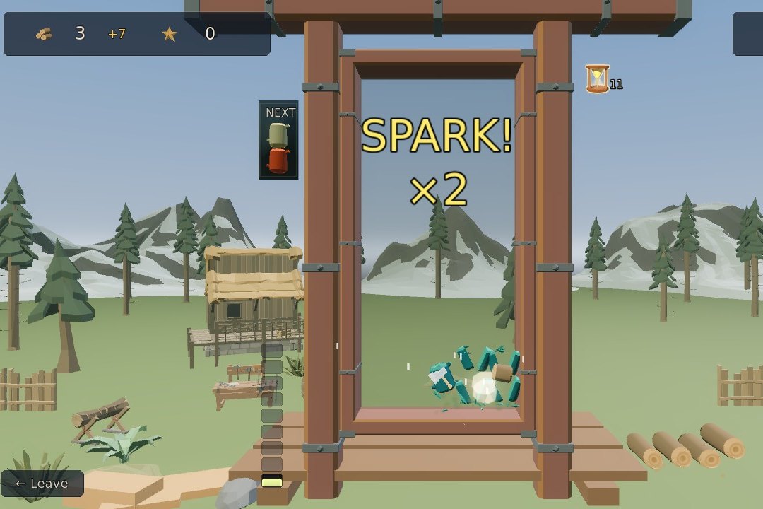 SPARK! x2 over the bin as the spruce axe shatters a spruce slab, the wood counter reading 3 +7 and cut logs on the pile