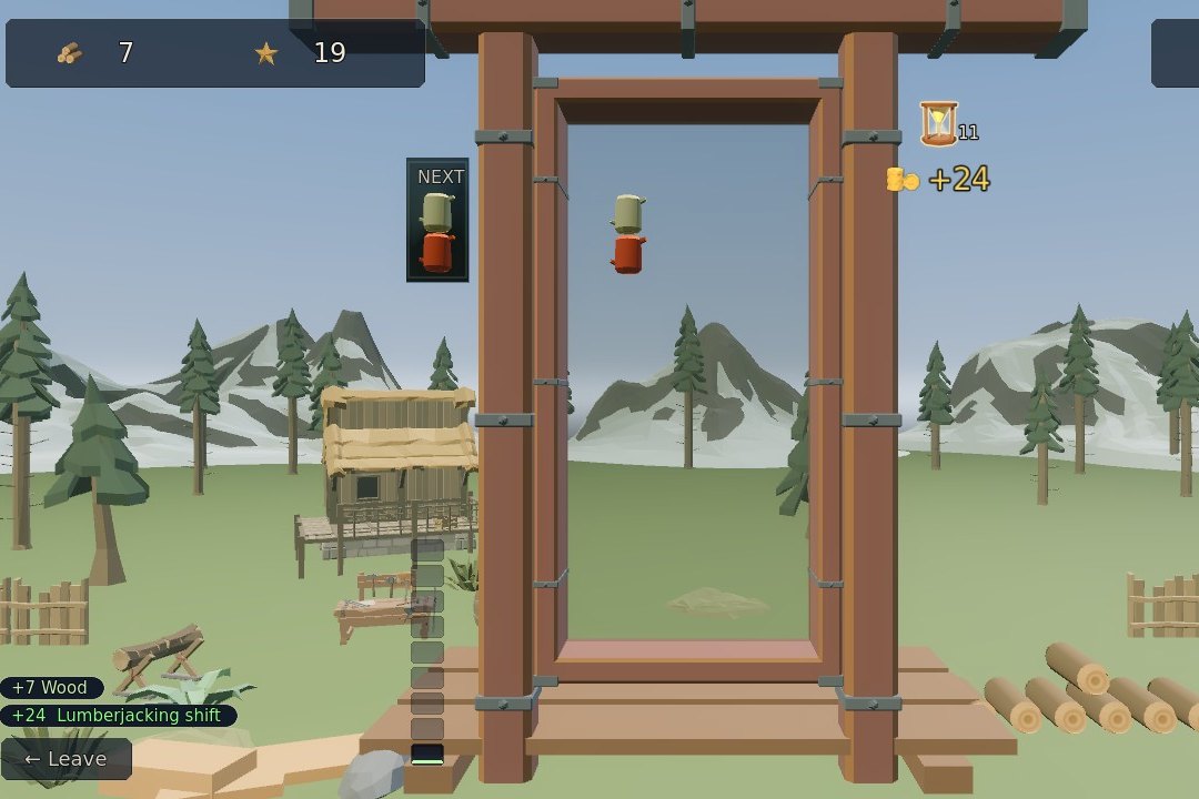 The hourglass beside the bin with +24 gold rising from it as a shift is paid, the woodpile stacked on the right