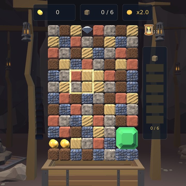 The mining board: a rock face of red, blue, brown and tan stones, the cursor framing four of them in the middle