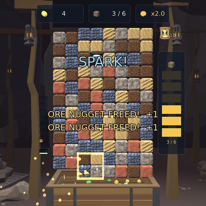 SPARK! over the rock face as two ore nuggets are freed on one turn, the meter at three of six
