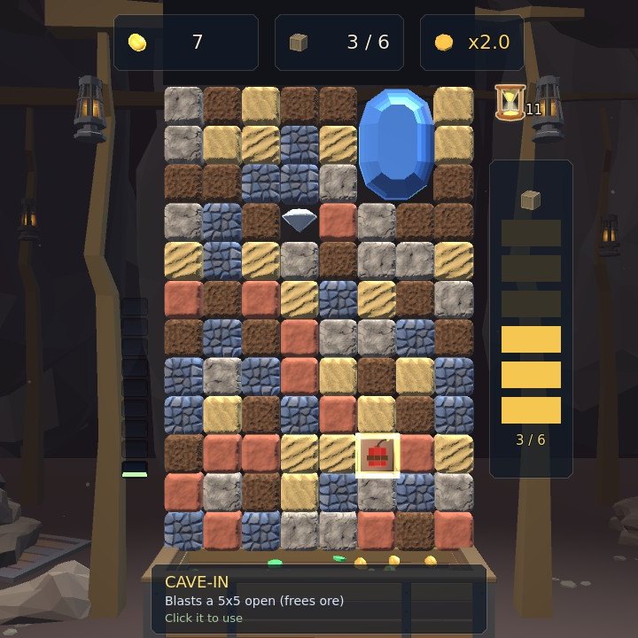 A stick of dynamite framed by the one-stone cursor, its card at the foot of the board: Cave-in, blasts a 5x5 open