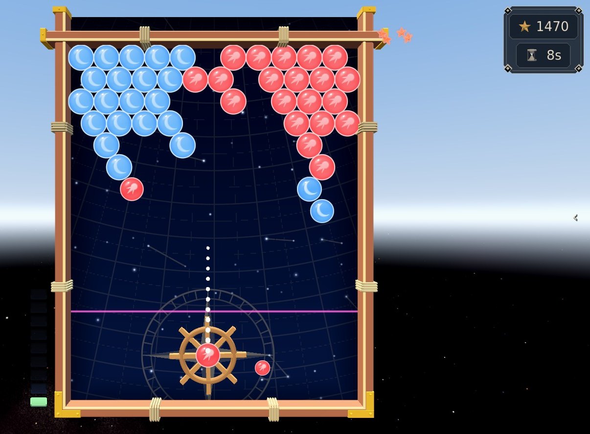 The Navigation board: blue and red drift-rock hanging from the top of a star chart, the ship's wheel at the foot with a red rock loaded and a dotted aim line running straight up