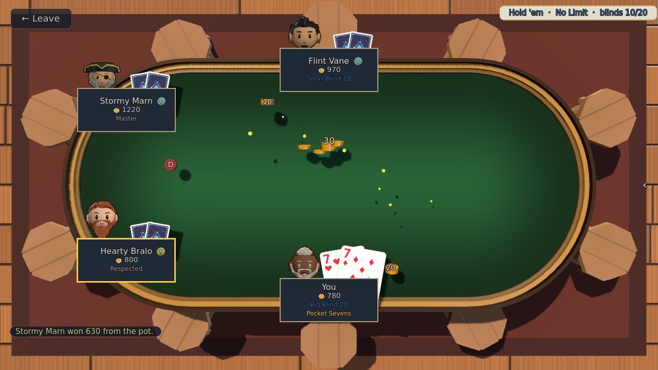 A tavern poker table seen from above: two sevens dealt face up in front of your seat, Pocket Sevens written under your name, the blinds in the middle