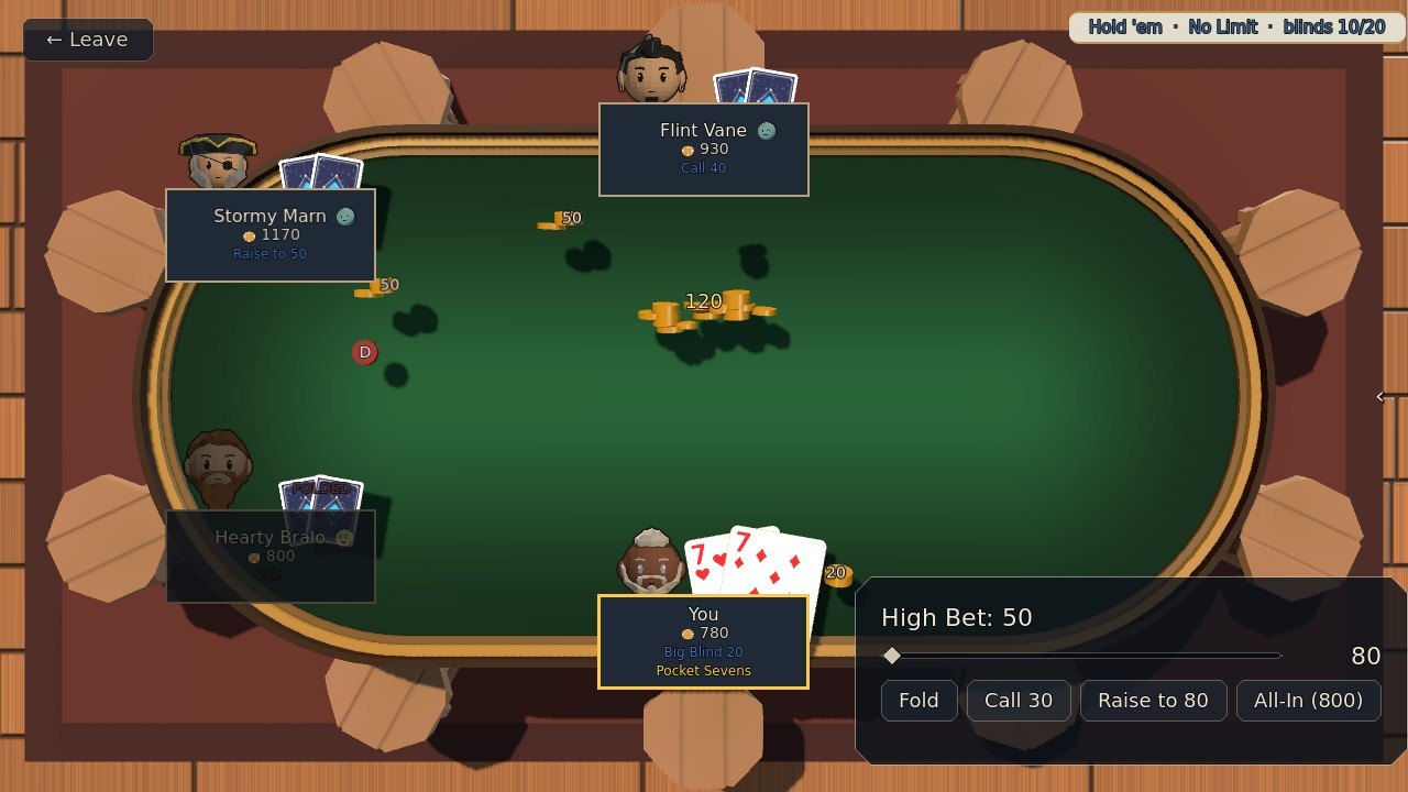 Your seat lit gold and the betting panel up: High Bet 50, a slider at 80, and Fold, Call 30, Raise to 80 and All-In buttons