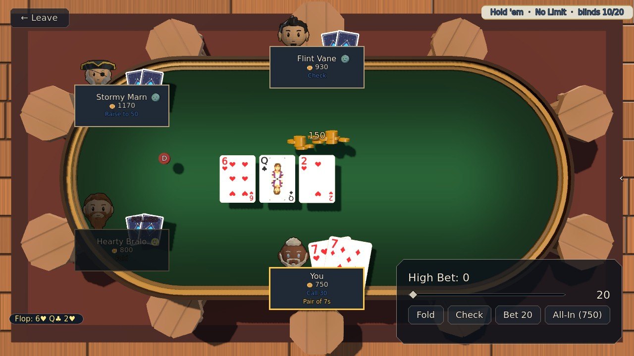 Three cards face up in the middle of the table, the six of hearts, the queen of clubs and the two of hearts, with the pot of 150 behind them