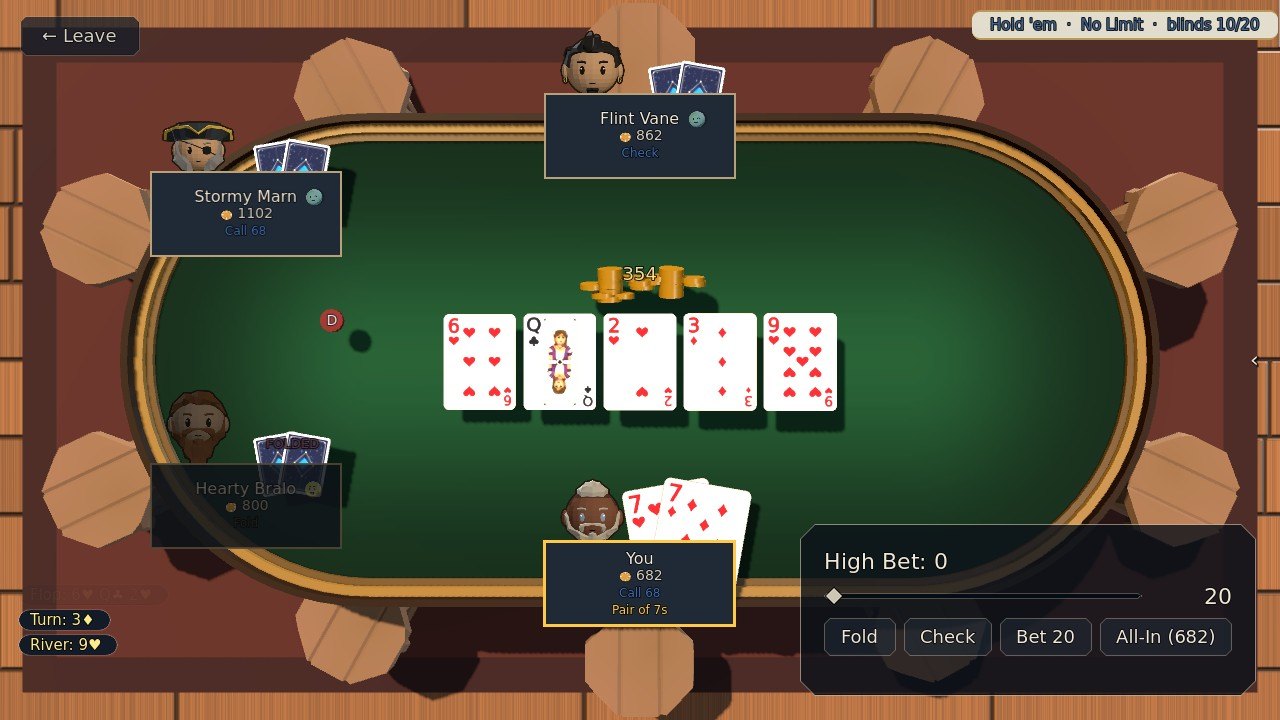 All five cards on the table and Pair of 7s written under your seat