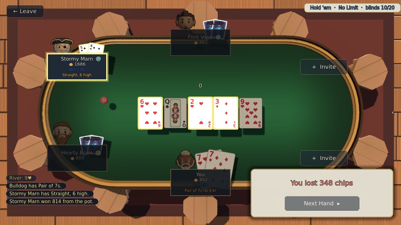 Stormy Marn's five and four of spades turned up, Straight, 6 high under the name, the cards that made it lit gold, and You lost 348 chips with a Next Hand button