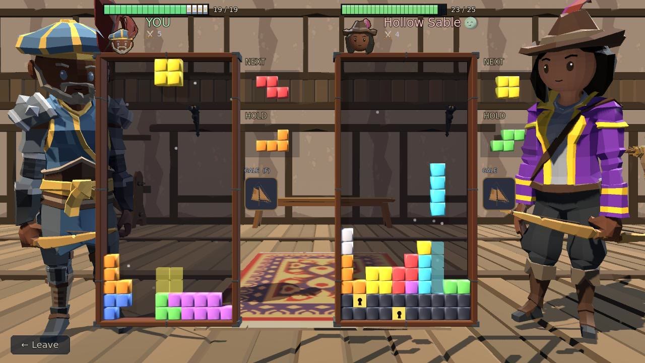 Two duelling boards between the two fighters: a yellow block falling on your board with a faint copy where it will land, the Next and Hold boxes beside it