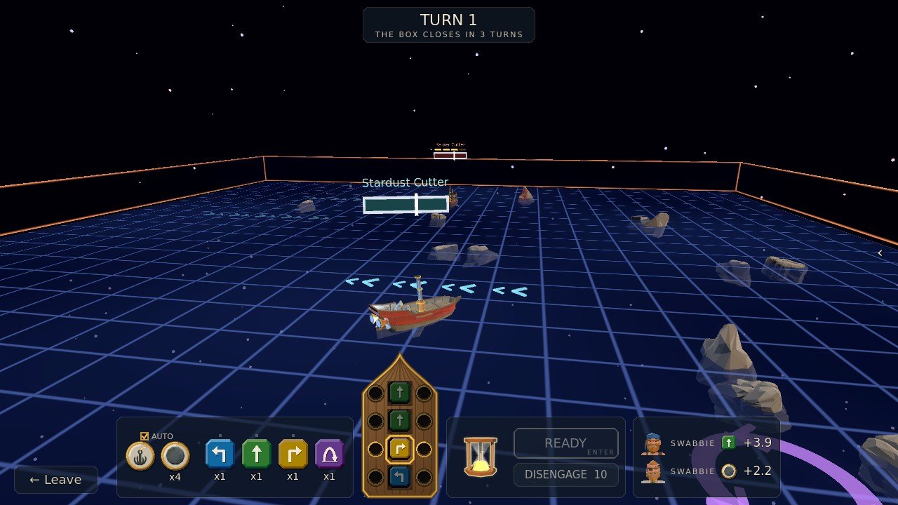 The battle board seen from behind your ship, the plan table at the foot shaped like her hull with four wells down the keel, move tiles in a tray to its left and the Ready button and hourglass to its right