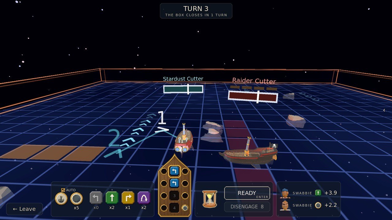 Numbered darts showing where your plan takes the ship, an orange lane where your broadside will land, and the raider with red squares where her guns bear