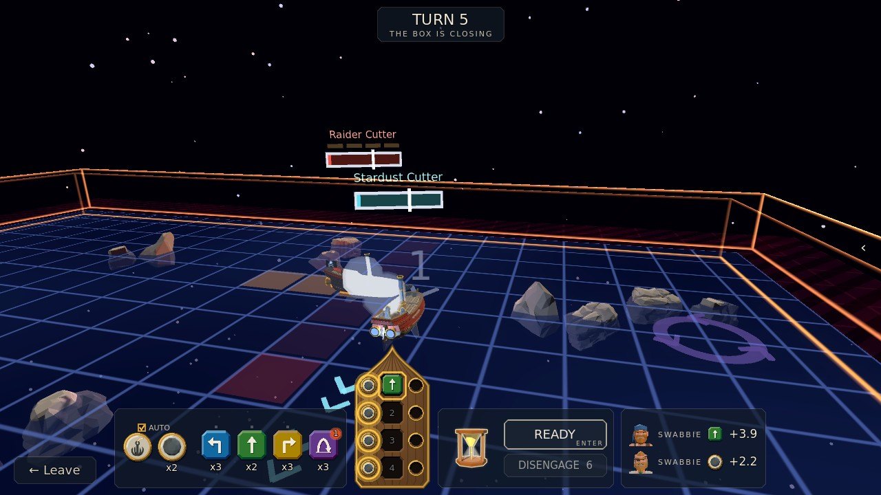 Four cannonballs loaded in the gun-ports down your ship's left side, an orange lane on the board where they will fire