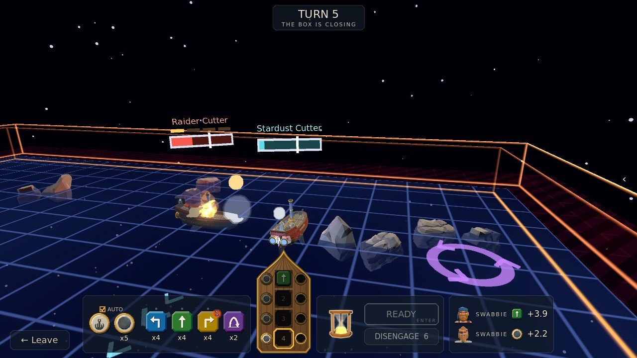 Both ships trading broadsides, smoke and flame between them, the raider's damage bar running red and a violet whirl on the board