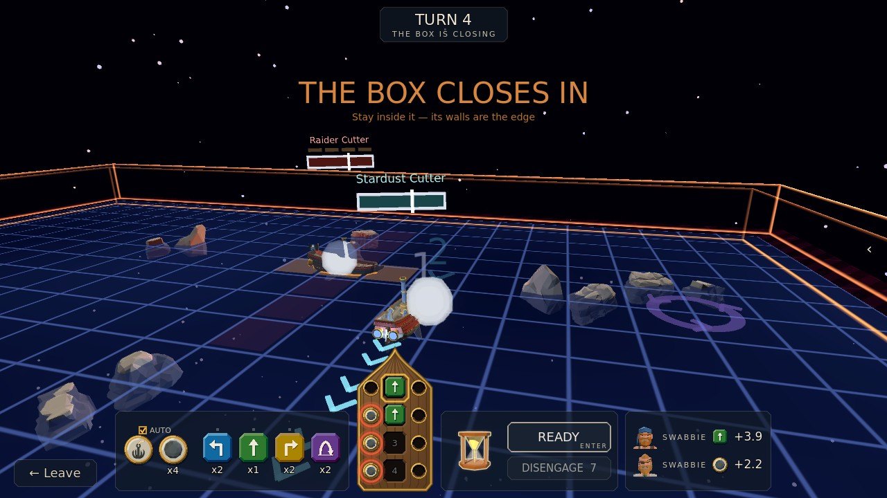 THE BOX CLOSES IN over the board at turn 4, its orange walls drawn in round the ships, the purple hop tile in the tray