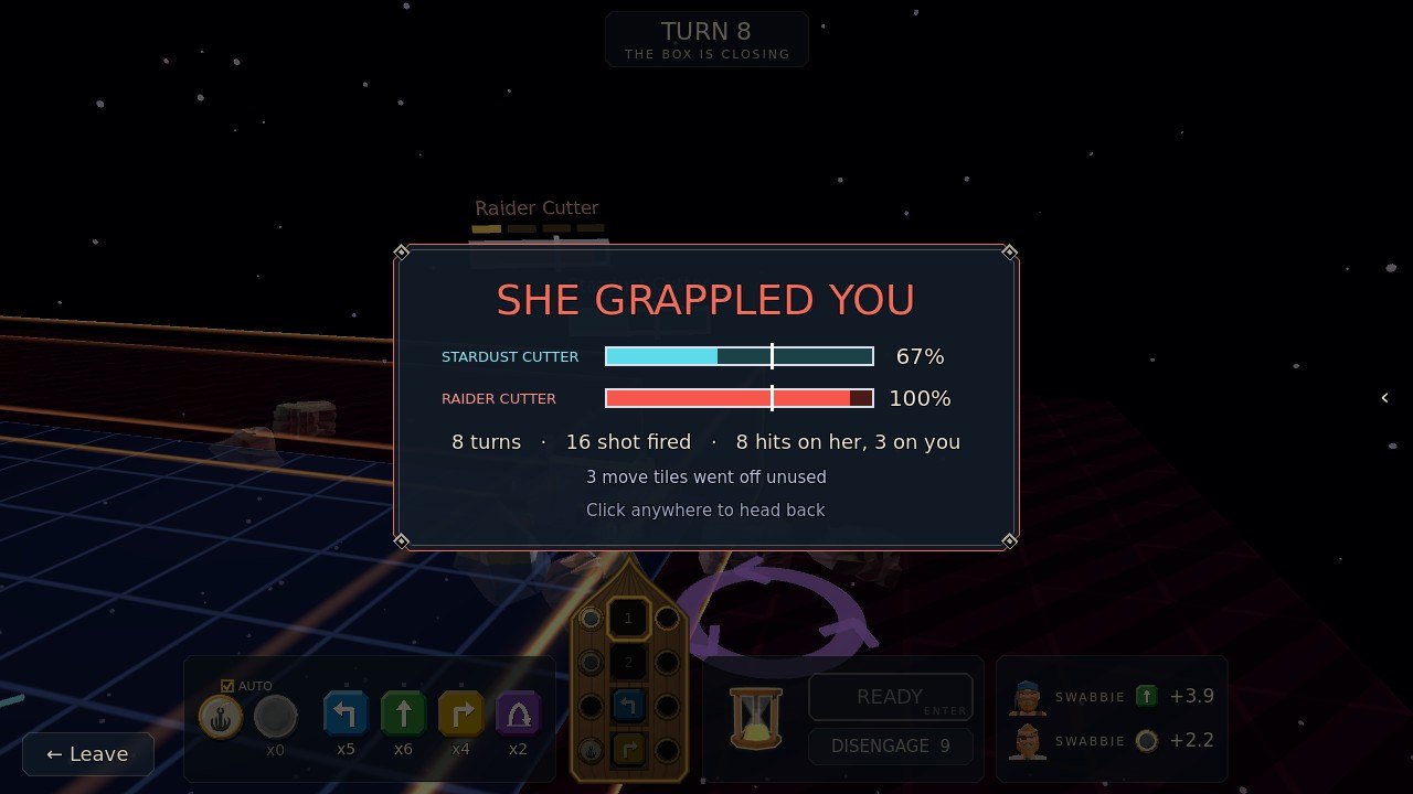 SHE GRAPPLED YOU: the end-of-battle card with both ships' bars, 8 turns, 16 shot fired, 8 hits on her and 3 on you