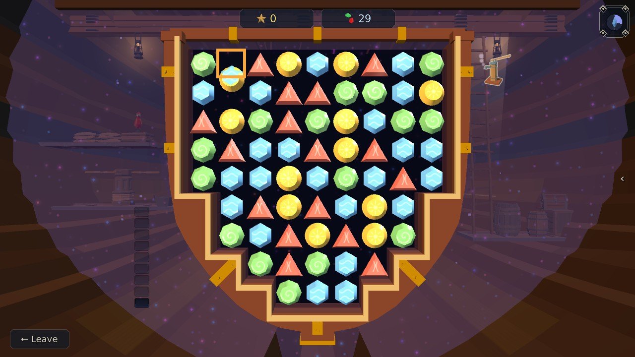 The hold board, shaped like a ship's hull, full of green, blue, yellow and red stones, one stone picked up in the cursor and a purple haze of Stardust round the hull