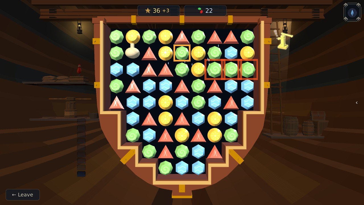 The vent pump beside the hull glowing bright yellow, three green stones lined up for a match, and the level bar down the left