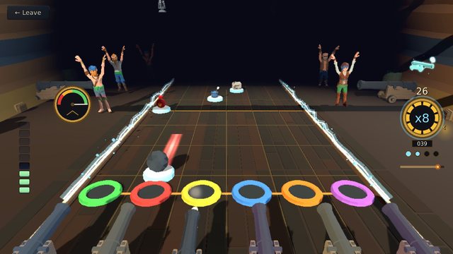 Gunnery on the gun deck: six lanes of coloured rings over the cannons, Stardust lightning running down both edges of the road, the gun crew cheering with their arms up, and a x8 multiplier