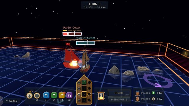 The Space Battle, turn 5 with the box closing: a red-sailed raider takes a hit alongside the Stardust Cutter on a glowing grid, the move tokens and gun ports below