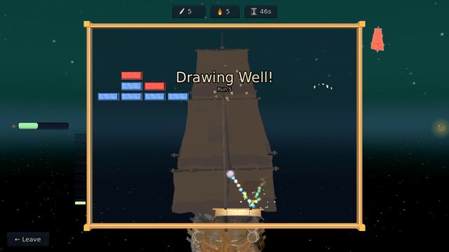 Sailing: rows of bricks over the ship's sails and the ball's glittering trail below them, with Drawing Well! called out