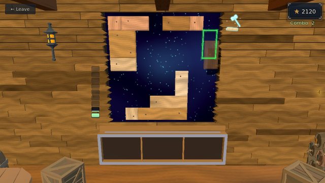 Carpentry: planks fitted into a starry hole in the hull, a green outline where the next one goes, combo 2