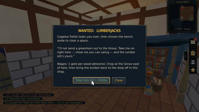 A Wanted: Lumberjacks notice offering one gold per wood delivered