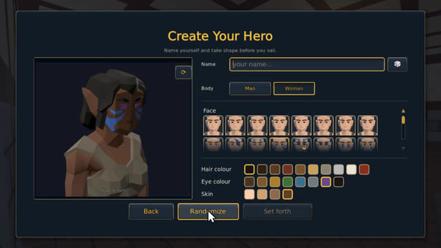 The character creator with portrait choices