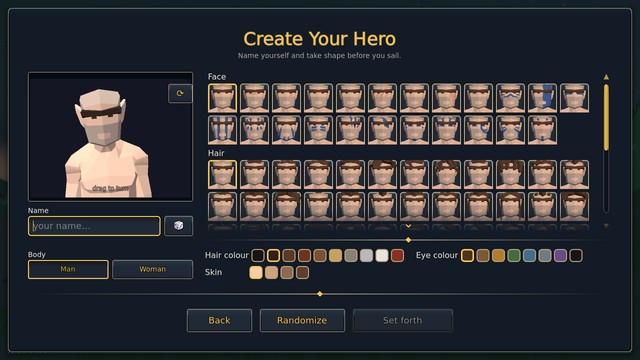 Create Your Hero: a full screen of faces, haircuts and beards with hair, eye and skin colour swatches, and the hero previewed beside them