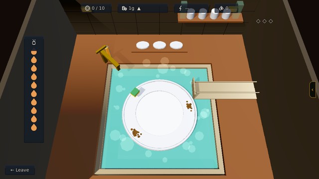 A plate in a sink of suds, muck spots caked around its rim and the sponge sweeping past them
