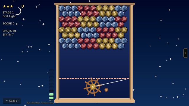 Navigation: a bubble shooter fired from the ship's wheel, rock stacked above the waterline