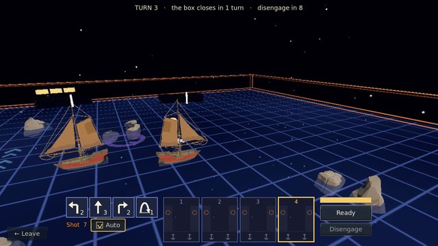 Space Battle: two ships squaring up on the glowing grid of the battle box, drift rocks round them and four planned moves waiting below